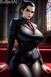 1girls ai_generated big_breasts black_hair busty church clothing detailed_background female_only genderswap_(mtf) kazuya_mishima looking_at_viewer mtf_crossgender rule_63 short_hair sitting solo solo_female suit sulliedai tekken tekken_8 thick_thighs tie wide_hips