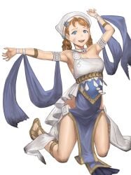 1girls absurdres alternate_costume alternate_hairstyle ancient_greek_clothes annette_fantine_dominic armlet belly_chain bracelet braid braided_hair_rings breasts cleavage commission daisuke_6897 dancer dancer_(fire_emblem:_three_houses) dancer_(three_houses) dancer_outfit dress female female_only fire_emblem fire_emblem:_three_houses fire_emblem_warriors:_three_hopes gladiator_sandals greco-roman_clothes green_eyes hair_rings hat highres jewelry kneeling looking_at_viewer medium_breasts nintendo official_alternate_hairstyle open_mouth orange_hair pelvic_curtain sandals single-shoulder_dress single_strap skeb_commission solo thighs