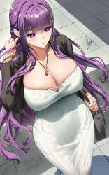 1girls breasts cleavage dongtan_dress dress female fern_(sousou_no_frieren) hi_res huge_breasts light-skinned_female light_skin long_hair massive_breasts naughty_face piukute062 purple_eyes purple_hair sousou_no_frieren