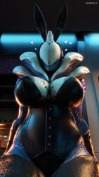 1girls 3d big_breasts blender blush breasts bunny_ears bunnysuit cleavage curvy curvy_figure female female_only guidugalle humanoid large_breasts nipples playboy_bunny saryn_(warframe) solo solo_female strapless_leotard voluptuous warframe