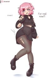 1girls big_ass big_butt black_clothing blush boots bubble_butt doki_doki_literature_club embarrassed embarrassed_female female female_only hoodie human long_sleeves natsuki_(doki_doki_literature_club) pantyhose petite petite_body petite_female pink_hair purple_eyes raionart ripped_pantyhose short_hair skirt slim_waist solo thick_thighs torn_clothes wide_hips