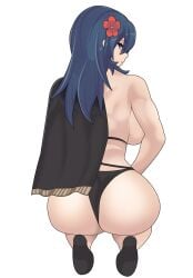 alternate_costume ass back back_view backboob bare_back black_bikini black_swimsuit blue_eyes breasts byleth_(fire_emblem) byleth_(fire_emblem)_(female) byleth_(summer)_(fire_emblem)_(female) capelet djames fire_emblem fire_emblem:_three_houses fire_emblem_heroes flower hair_flower high_heels kneeling large_ass large_breasts looking_at_viewer looking_back nintendo official_alternate_costume teal_hair white_background