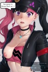 ai_generated bombalurina_ai choker nipple_slip open_jacket palworld pink_hair skirt zoe_rayne