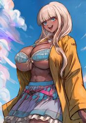 1girls ai_generated big_breasts blue_eyes bra breasts bursting_breasts cleavage danganronpa danganronpa_v3 dark-skinned_female dark_skin female frilled_skirt frills huge_breasts large_breasts long_hair long_jacket midriff navel open_mouth outdoors outside shell shell_necklace sideboob skirt sky smile solo stable_diffusion standing tampopo thighs underboob undersized_clothes white_hair yellow_jacket yonaga_angie