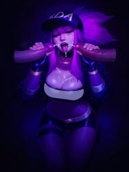 1girls 2boys 2d ai_generated akali baseball_cap closed_eyes clothed_female cum cum_on_breasts cumdrip cumming cumshot double_handjob ejaculation facial fakeshit female handjob k/da_akali league_of_legends male multiple_boys penis ponytail