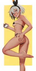 1girls ass bea_(pokemon) bikini bow breasts brown_skin female game_freak gray_hair grey_hair looking_at_viewer looking_back mangho medium_breasts micro_bikini nintendo partially_visible_vulva pokeball pokemon pokemon_ss short_hair side-tie_bikini simple_background skindentation slender_legs solo solo_female square_bikini swimsuit thighs