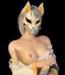 3d bangs bare_shoulders breasts breasts_out female_only fox_mask kimono kitsune kitsune_mask mask masked_female nail_polish nipple prometheoos short_hair simple_background solo source_filmmaker undressing white_hair