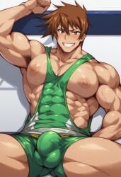 1boy 1male abs ai_generated armpit_hair attractive attractive_male balls bara bara_body beautiful beautiful_male big_balls big_muscles big_nipples big_pecs big_penis big_testicles blush brown_eyes brown_hair bulge bulge_through_clothing civitai clothes cocky cocky_smile detailed_background erection gorgeous grin handsome handsome_man hot hot_as_fuck indoors kewr95 looking_at_viewer male male_focus male_only muscle muscles muscular muscular_arms muscular_legs muscular_male muscular_thighs nipples open_mouth pants pecs penis perfect perfect_body pose proud rance rance_(series) sexy sexy_body sexy_male shiny_skin shirt short_hair sitting smile smiling smiling_at_viewer smug smug_face solo spread_legs teeth testicles throbbing_penis veins wrestling_outfit