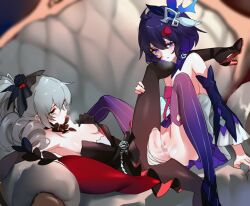 black_dress black_tights blue_dress blue_eyes blue_hair blue_tights bronya_zaychik couch couch_sex grey_eyes grey_hair hair_ornament honkai_impact_3rd lesbian_sex mie_xing pussy red_pillow scissoring seele_vollerei tribbing yuri