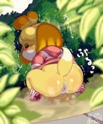 absurd_res animal_crossing anthro anus ass big_butt blush bodily_fluids canid canine canis clothed clothing crouching domestic_dog female fur genital_fluids genitals hi_res isabelle_(animal_crossing) mammal nintendo peeing pussy sake_kemosalmon shih_tzu short_stack solo toy_dog urine yellow_body yellow_fur