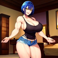 1girl 1girls ai_generated anime_style arms_at_sides athletic athletic_female bangs bed bedroom belly belly_button big_breasts black_tank_top blue_hair booty_shorts breasts breasts_bigger_than_head breasts_squeezed_together breasts_squish busty cleavage clothed clothed_female clothing dark_blue_hair deep_cleavage denim denim_bottomwear denim_shorts enmashusui fair_skin fanart female female_focus female_only fit fit_female footwear fringe fringe_hair front_view hands_on_hips huge_boobs huge_breasts indoors large_boobs large_breasts legs light_skin light_skinned_female lips medium_hair metallic_hair navy_blue_hair no_bra original_character perky_breasts pinup portrait pose posing realistic revealing revealing_clothes short_hair shorts slippers smile smiling smiling_at_viewer squeezing_breast squeezing_breasts squished_breasts tank_top thick thick_legs thick_thighs thighs tight_clothing tight_fit toned toned_female upper_body yellow_eyes young young_womanb