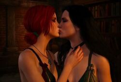 2girls 2women ai_generated black_hair female female_only french_kiss kissing lesbian_couple lesbian_focus lesbian_kiss mage tagme the_witcher_(series) the_witcher_3:_wild_hunt triss_merigold video witcher yennefer yuri