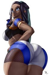 1girls arcedo ass black_hair blue_eyes breasts dark-skinned_female dark_skin dat_ass female hi_res huge_ass huge_breasts long_hair naughty_face nessa_(pokemon) nintendo pokemon pokemon_ss simple_background solo white_background