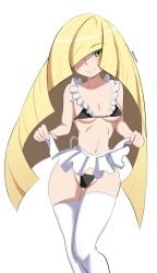 1girls blonde_hair blush bottomwear breasts cleavage female female_only game_freak green_eyes hair hair_over_one_eye hips legwear long_hair lusamine_(pokemon) maid maid_apron maid_uniform mature mature_female mature_woman medium_breasts milf mother pabsmikan pokemon pokemon_sm smile solo solo_female thighhighs thighs topwear white_thighhighs