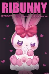 blush bow_(feature) female fur genitals heart lagomorph leporid looking_at_viewer lumineko mammal pal_(species) palworld pink_body pink_fur purple_eyes pussy rabbit ribbuny spread_pussy spreading text