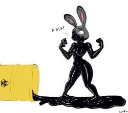 2021 anthro barrel biohazard_symbol bound breasts disney encasement eyebrows female g-lahndi glistening hi_res judy_hopps lagomorph latex leporid liquid_latex living_latex long_ears mammal medium_breasts nipples nude open_mouth png rabbit solo spill symbol trapped white_background zootopia