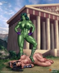 2girls abs after_fight artist_name barda_free big_barda big_breasts black_hair blue_eyes breasts bruised bruises crossover dc dc_comics defeated detailed_background female female_only fingerless_gloves gauntlets giant_breasts gloves green-skinned_female green_eyes green_hair green_nipples green_skin hands_on_hips huge_breasts hulk_(series) long_hair marvel marvel_comics mikamipinup mister_miracle_(series) multiple_girls muscles muscular muscular_female muscular_thighs naked nipples painted_nails pussy sandals she-hulk the_new_gods thick_thighs thighs vaginal victory