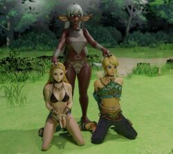 1boy 2girls 3d artist_request bikini blin_female bokoblin captured clothing collar link_(breath_of_the_wild) monster_girl princess_zelda rope the_legend_of_zelda tied zelda_(breath_of_the_wild)