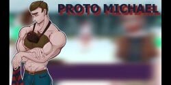 abs brown_hair bulge camera chest_hair chest_tuft hairy_chest looking_away male_focus michael_kucinski muscular muscular_male proto_michael shirtless solo_male yiik:_a_postmodern_rpg