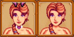 1girls big_breasts breasts brown_hair bunny_ears cancernia choker completely_nude completely_nude_female earrings heart_choker jodi_(stardew_valley) looking_at_viewer purple_eyes simple_background smile smiling smiling_at_viewer solo solo_female stardew_valley variations