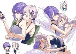 2girls blush hololive hololive_indonesia hololive_indonesia_area_15 hololive_indonesia_holoro hugging kissing moona_hoshinova multiple_girls pavolia_reine sleepy tagme_(artist) virtual_youtuber wholesome yomosaka yuri