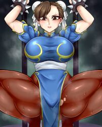 1girls beruzumi-m big_breasts breasts busty capcom chinese_clothes chun-li curvaceous curvy curvy_body curvy_female curvy_figure enormous_breasts female female_focus female_only hair_buns hairbuns huge_breasts large_breasts pantyhose solo solo_female solo_focus squatting street_fighter sweat thick_thighs thighs torn_pantyhose voluptuous