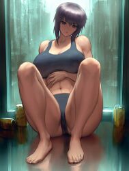 1girls abs barefoot beer beer_can belly belly_button big_breasts breasts calves curvaceous curves curvy curvy_body curvy_figure exposed_shoulders feet female female_only fit fit_female ghost_in_the_shell huge_breasts infi_mt kusanagi_motoko large_breasts legs on_floor purple_hair red_eyes shoulders sitting sitting_on_floor solo thick thick_as_fuck thick_legs thick_thighs thighs tummy