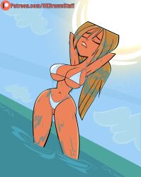 ass_visible_through_thighs beach belly belly_button big_breasts bikini blonde_hair breasts bridgette_(tdi) codykins123 hips in_water large_breasts slim slim_waist swimming swimsuit swimwear thick thick_thighs thighs total_drama_island wet white_bikini