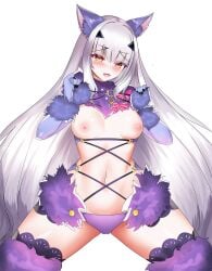 1girls animal_ears avil bangs bare_shoulders bow breasts breasts_out brown_eyes cosplay elbow_gloves fairy_knight_lancelot_(fate) fate/grand_order fate_(series) female female_only fur-trimmed_gloves fur-trimmed_legwear fur_collar fur_trim gloves highres lace lace-trimmed_legwear lace_trim long_hair looking_at_viewer mash_kyrielight mash_kyrielight_(dangerous_beast) mash_kyrielight_(dangerous_beast)_(cosplay) melusine_(fate) navel nipples o-ring official_alternate_costume open_mouth pink_bow purple_gloves purple_legwear revealing_clothes sidelocks small_breasts smile solo tail thighs white_hair wolf_ears wolf_tail