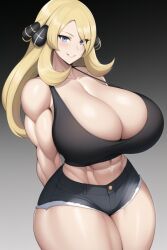 1girls abs ai_generated bare_arms bare_legs bare_midriff bare_shoulders bare_thighs biceps black_shorts black_tank_top blonde_hair blue_eyes blush cleavage crop_top cynthia_(pokemon) deep_cleavage denim_shorts female female_only game_freak grin hair_ornament hair_over_one_eye huge_breasts impossible_clothes impossible_clothing impossible_shirt large_breasts long_hair looking_at_viewer massive_breasts midriff muscle muscles muscular muscular_arms muscular_female muscular_legs muscular_thighs nintendo obliques pixai pokemon pokemon_dppt seductive seductive_eyes seductive_look seductive_mouth seductive_smile short_shorts shorts smile solo stable_diffusion tank_top thick_thighs toned toned_female voluptuous voluptuous_female wide_hips