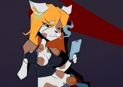 anthro background_characters cellphone felid female flashing flashing_breasts fur hair mammal monkey_wrench_(series) orange_hair phone smartphone smoking_tobacco solo thesquiddycipher