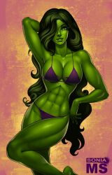 1girls abs artist_name big_breasts bikini clothed feet_out_of_frame female female_only green_body green_eyes green_hair green_skin hair_over_one_eye hourglass_figure hulk_(series) large_breasts legs long_hair marvel marvel_comics muscular_female pinup_pose pose posing sexy_armpits she-hulk simple_background slim_waist solo sonia_matas thighs toned toned_female