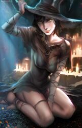 1girls barefoot black_hair candle candlelight candles dark_souls dark_souls_3 female female_only fromsoftware karla_the_witch looking_at_viewer painting_(artwork) ragecndy short_hair sitting solo solo_female witch witch_hat yellow_eyes