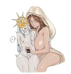 1boy 1girls big_breasts blush brother_and_sister brown_hair censored closed_eyes dark_souls dark_sun_gwyndolin deity erection eyes_covered female femboy femboy_on_female femboysub femdom fromsoftware goddess handjob headgear headwear huge_breasts incest long_hair long_hair_male male malesub mayikillu nipples nude_male open_mouth pale-skinned_male penis queen_of_sunlight_gwynevere siblings silver_hair smile straight sweat thick_thighs tongue_out veil white_hair wide_hips