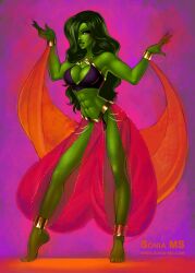 1girls abs anklet artist_name belly_dancer belly_dancer_outfit big_breasts bracelet cleavage cleavage_window clothed female female_only green_body green_eyes green_hair green_skin hair_over_one_eye harem_girl harem_outfit hulk_(series) large_breasts loincloth long_hair marvel marvel_comics muscular_female revealing_clothes she-hulk simple_background solo sonia_matas toned toned_female veil