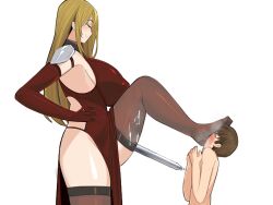 big_breasts bo_wei clothed_female_nude_male domination faceless_male femdom foot_fetish foot_lick heelfall larger_female long_hair size_difference smaller_male smell sword thighhighs