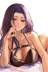 1girls big_breasts black_hair brown_skin choker closed_mouth dark-skinned_female dark_skin female female_only looking_at_viewer mole mole_on_breast mole_under_eye naokomama nijisanji nijisanji_en red_eyes scarle_yonaguni solo solo_female virtual_youtuber