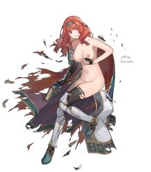 1girls alternate_costume bangs book boots breasts cape celica_(fire_emblem) celica_(valentia's_hope)_(fire_emblem) clenched_teeth edit elbow_gloves female female_only fingerless_gloves fire_emblem fire_emblem_echoes:_shadows_of_valentia fire_emblem_heroes gloves large_breasts medium_breasts medium_hair naked_boots naked_cape naked_footwear naked_heels naked_stockings naked_thighhighs nintendo nipples nude nude_female nude_filter official_alternate_costume orange_eyes orange_hair shield solo splooshiemon thighhighs torn_clothes white_background