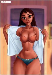 1girls aozee blue_penis bow_panties bra brown_eyes brown_hair cleavage dark-skinned_female disney hawaiian hourglass_figure large_breasts lilo_and_stitch long_hair looking_at_viewer nani_pelekai panties straight_hair thick_thighs underwear undressing