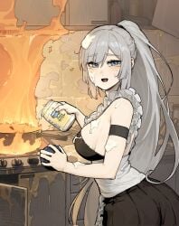 accident big_breasts big_butt blue_eyes breasts cooking elf_ears female gogalking insact kitchen long_hair looking_at_viewer maid maid_outfit maid_uniform sideboob slim_waist tagme tied_hair white_hair