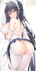 1girls 2022 ass azur_lane bangs bare_shoulders black_hair blush breasts female female female_focus female_only from_behind grey_eyes highres indomitable_(azur_lane) indomitable_(ms._motivationless_maid)_(azur_lane) large_breasts long_hair looking_at_viewer looking_back maid_headdress official_alternate_costume parted_lips solo solo_female thighs usagi_poi white_background white_headwear white_legwear