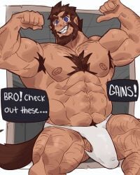 aries03220 balls bara beard big_penis brown_hair bulge chest_hair facial_hair flaccid flexing gay hairy male male_only monster_prom muscles muscular penis pointing_at_self scott_howl solo solo_male speech_bubble sweaty tail werewolf