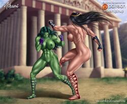 2girls abs artist_name back_muscles barda_free big_barda big_breasts black_hair breasts catfight crossover dc dc_comics detailed_background feet female female_only fight fighting fingerless_gloves gauntlets giant_breasts gloves green-skinned_female green_eyes green_hair green_nipples green_skin huge_breasts hulk_(series) kick kicking long_hair marvel marvel_comics mikamipinup mister_miracle_(series) multiple_girls muscles muscular muscular_female muscular_thighs naked naked_female nipples pussy sandals she-hulk the_new_gods thick_thighs thighs vagina