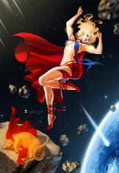 blonde_hair blue_eyes bocas_top cape dc dc_comics kara_zor-el kryptonian large_breasts long_hair miniskirt shoes sonia_matas space supergirl superman_(series)