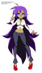 1girls blouse blue_eyes choker dark-skinned_female female female_only glasses high_heels jeans long_hair office_lady ogebo_go purple_hair red_high_heels shantae shantae_(character) smooth_skin solo white_background white_blouse