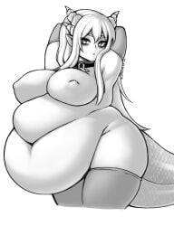 1girls 2022 arms_behind_head armwear bbw belly belly_overhang big_breasts breasts cakecatboy catboymech fat fat_woman female female_only freya_(cakecatboy) huge_belly long_hair looking_at_viewer monochrome monster_girl nipples nude nude_female overweight overweight_female pointy_ears solo tail thick_thighs thighhighs thighs tired_eyes