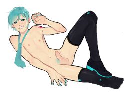 1boy black_legwear blue_eyes blue_hair blush boots clothing cytxus dick disembodied_hand erect_penis erection fanloid femboy gay genderswap_(ftm) green_hair hatsune_miku leek male male_focus male_only male_with_painted_nails mikuo_hatsune nipples no_shirt penis rule_63 shirtless smile solo standing tagme tattoo teal_eyes teal_hair thighhighs tie twink vocaloid white_background yaoi