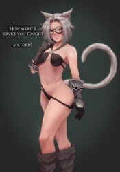 1girls bikini boots cat_ears cat_tail catgirl erochi female final_fantasy final_fantasy_xiv gloves goggles grey_hair grin keeper_of_the_moon kemonomimi miqo'te solo tail text thumb_in_panties