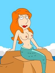 beach big_breasts big_breasts black_eyes blue_tail clear_sky family_guy hands_on_rock hips lipstick lois_griffin looking_at_viewer mermaid mermaid_tail orange_hair red_lipstick rock sitting smile