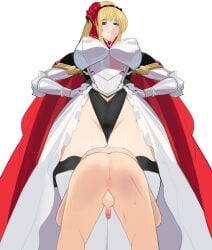 armor big_breasts blonde_hair bo_wei charlotte_(heelfall) clothed_female_nude_male domination erection femdom game_cg hair_ornament headlock heelfall princess robe scar slave smug thick_thighs thong torture unseen_male_face